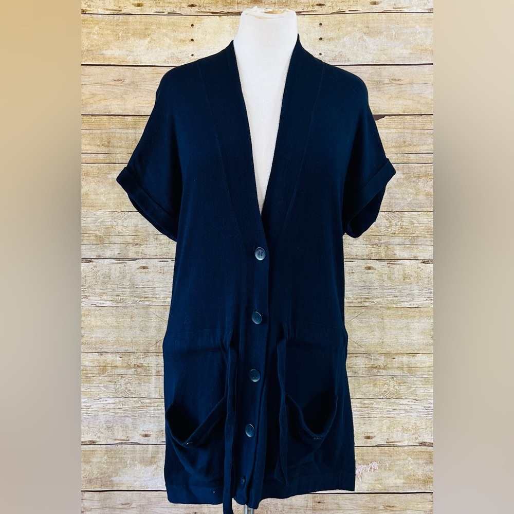 Ann Taylor LOFT Navy Blue Short Sleeve Button‎ Front Cardigan Sweater Pockets S